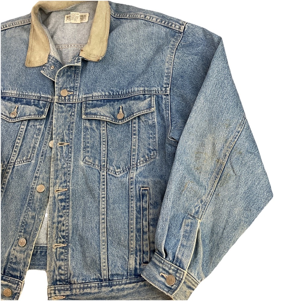 VTG Banana Republic‎ Safari Travel Jean Jacket 90s Denim Leather Trim Trucker L - Picture 16 of 16